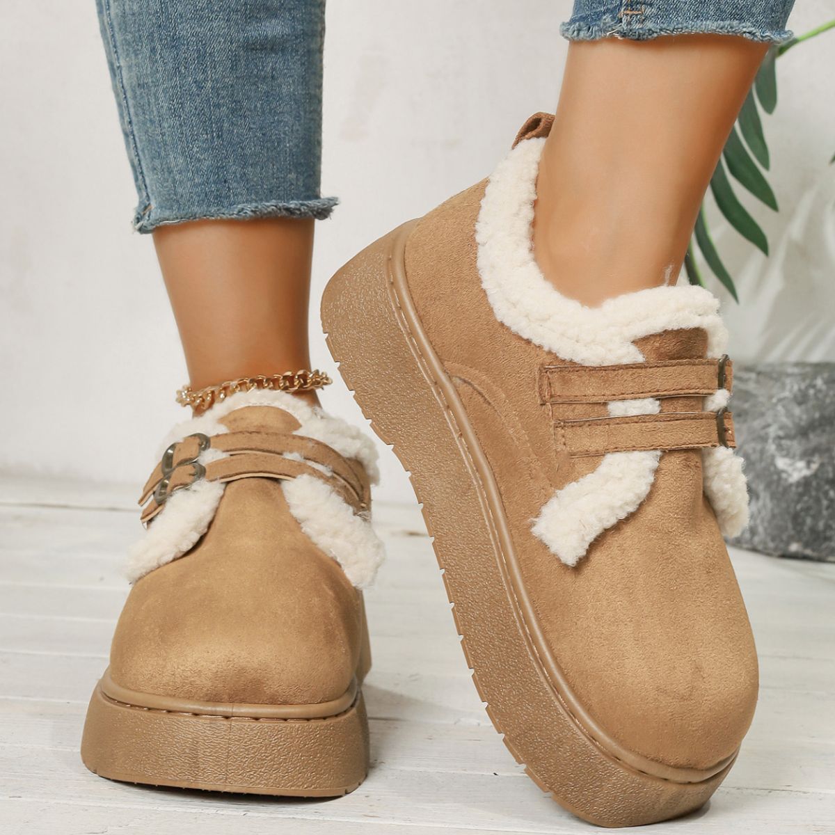 Buckle Strap Faux Fur Trim Platform Boots