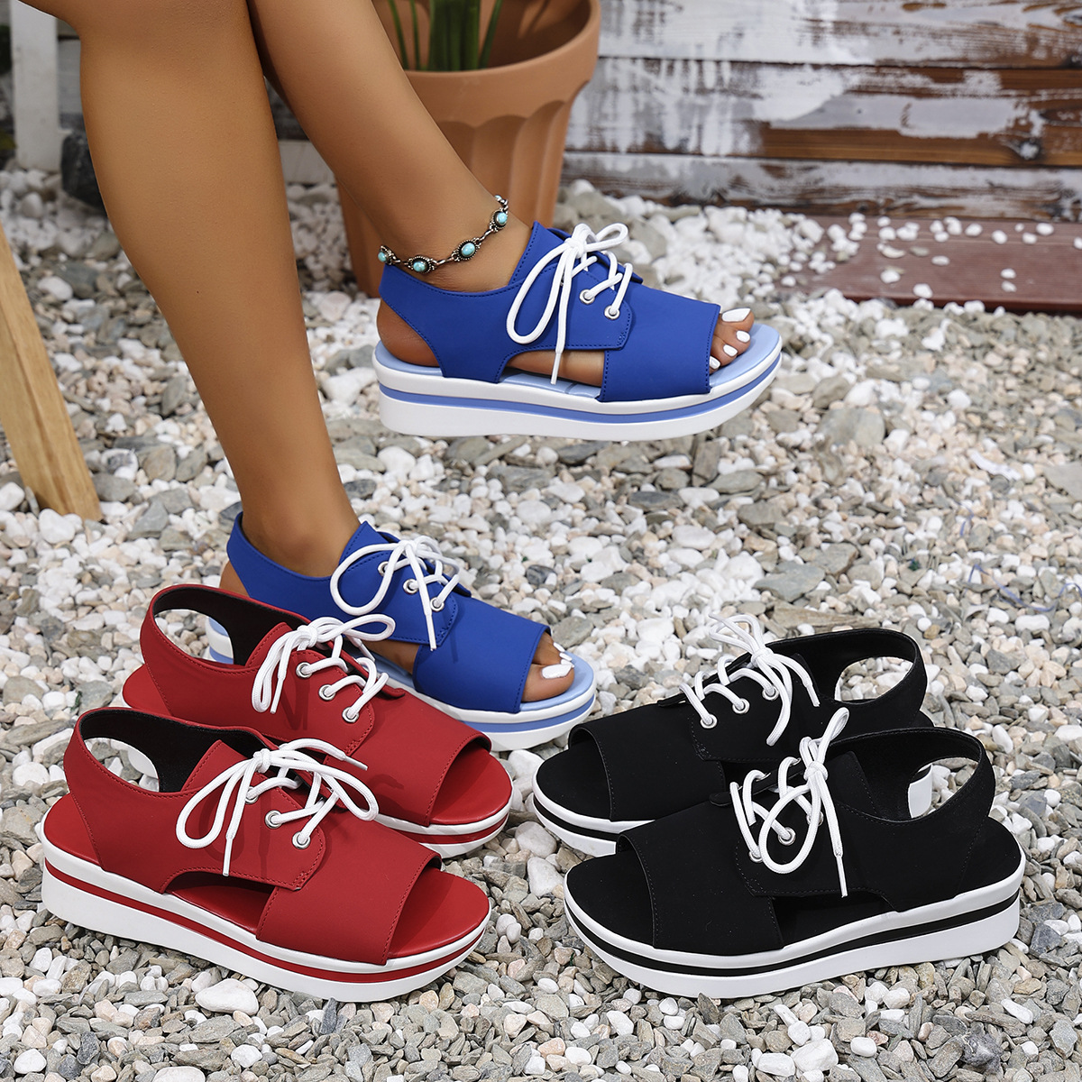 Open-Toe Lace Up Platform Sandals