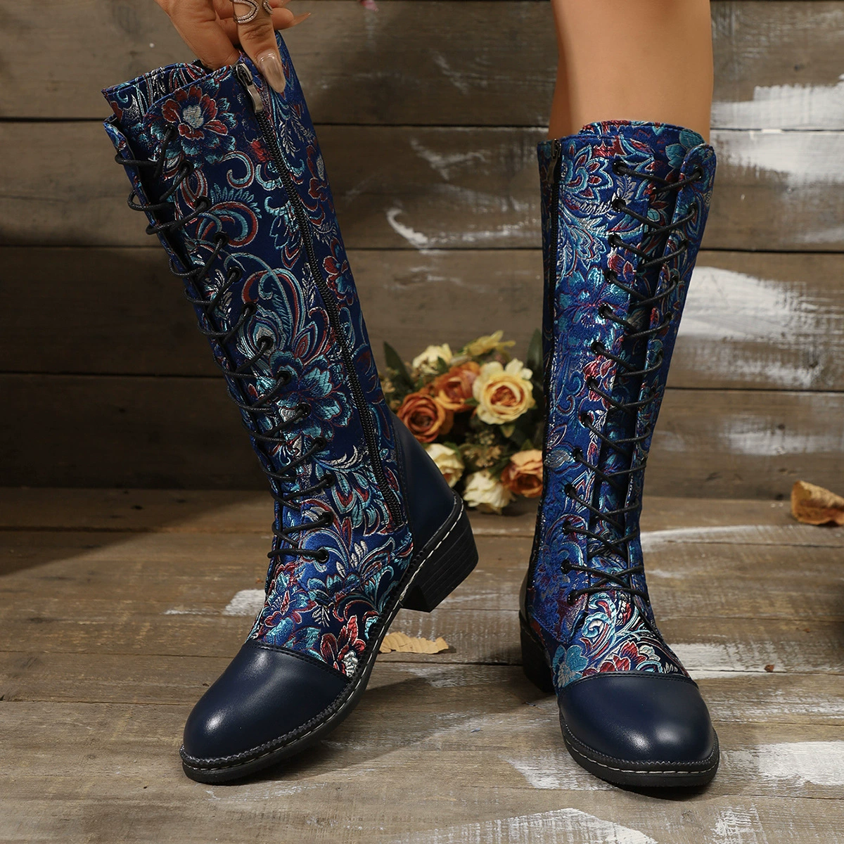 Embroidered Lace-Up Block Heel Boots