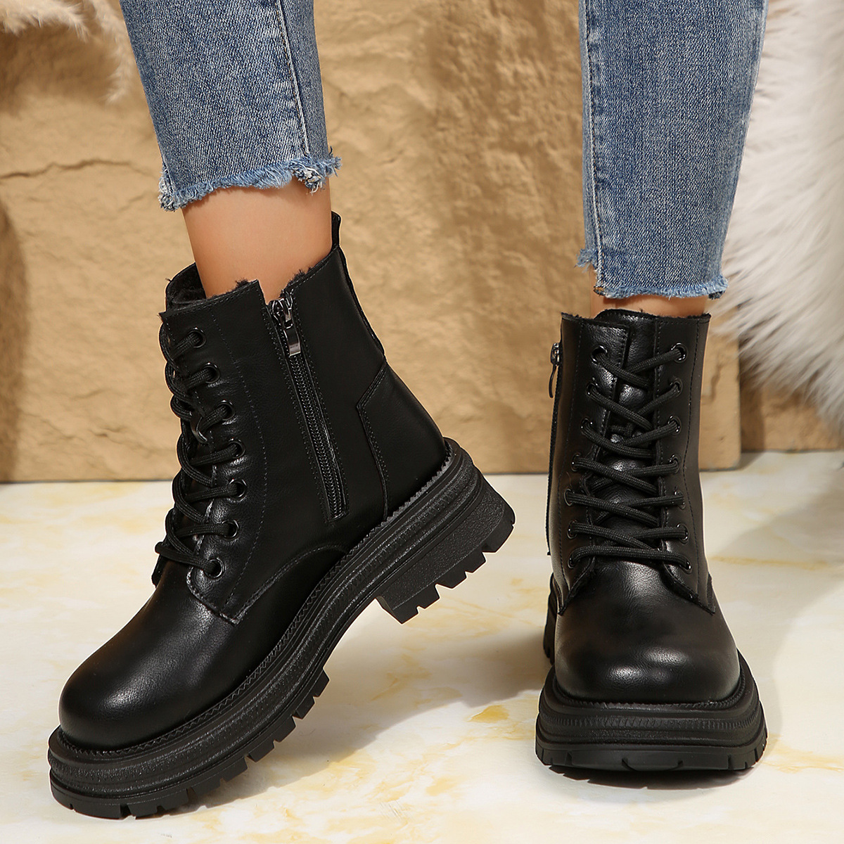 Lace Up Platform Boots with Side Zip