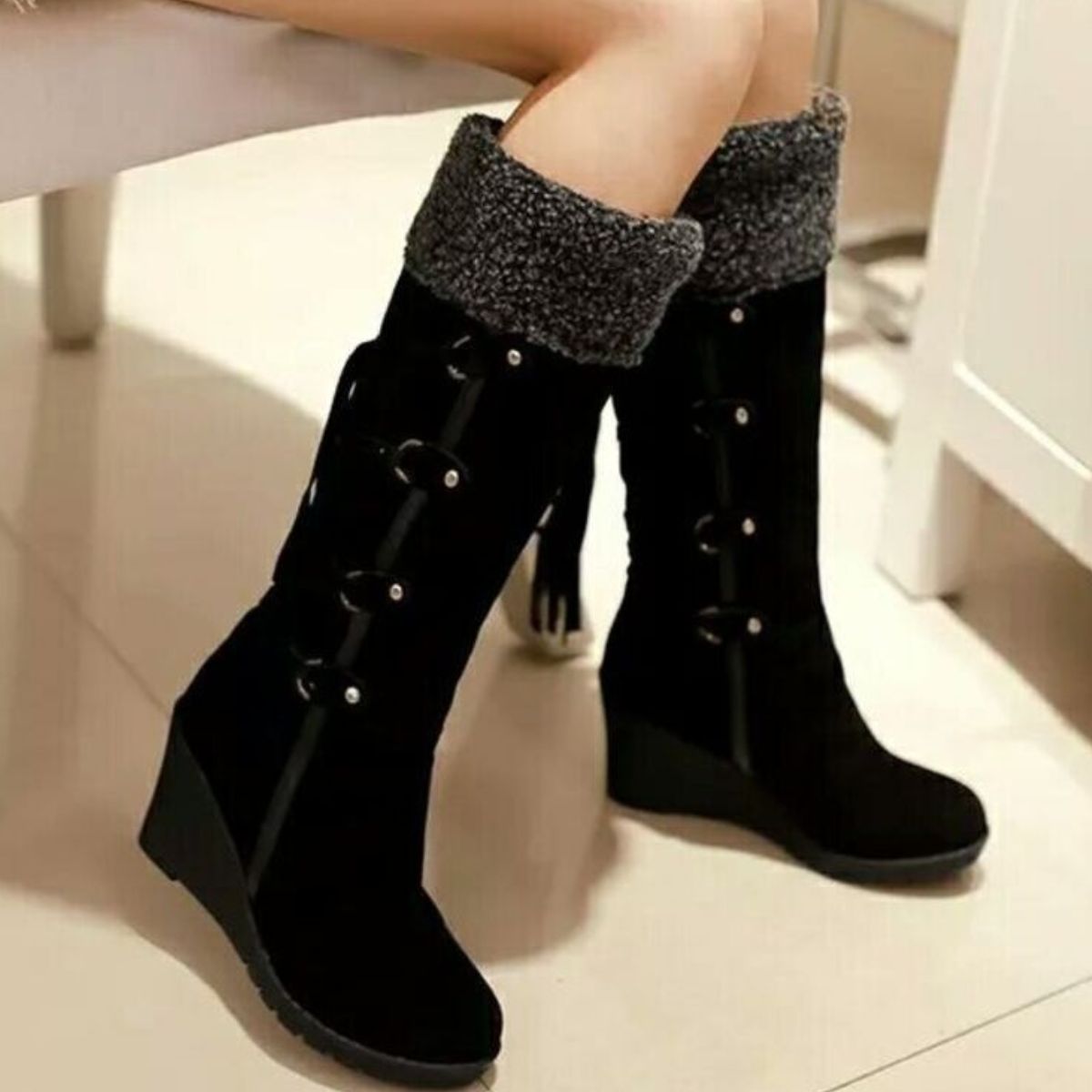Suede Wedge Boots with Fur Cuff