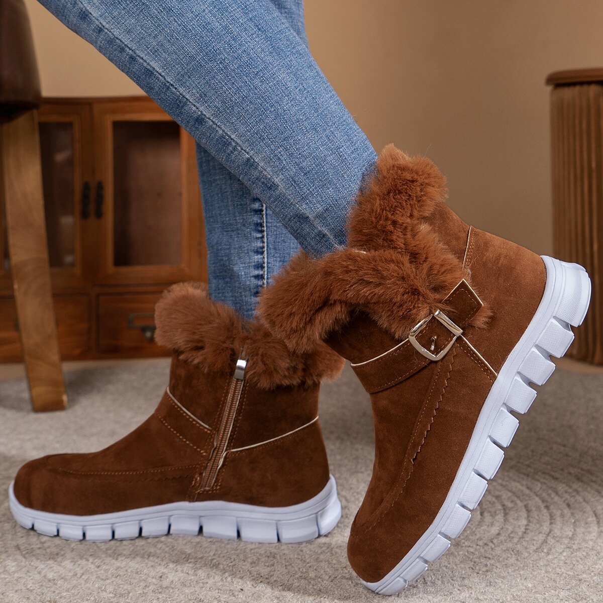 Fuzzy Trim Buckle Boots
