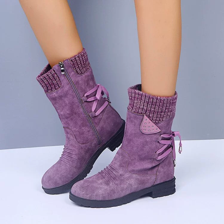 Knitted Cuff Round Toe Boots