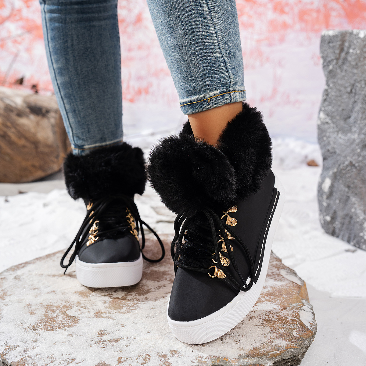 Fuzzy Trim Lace-Up Ankle Boots