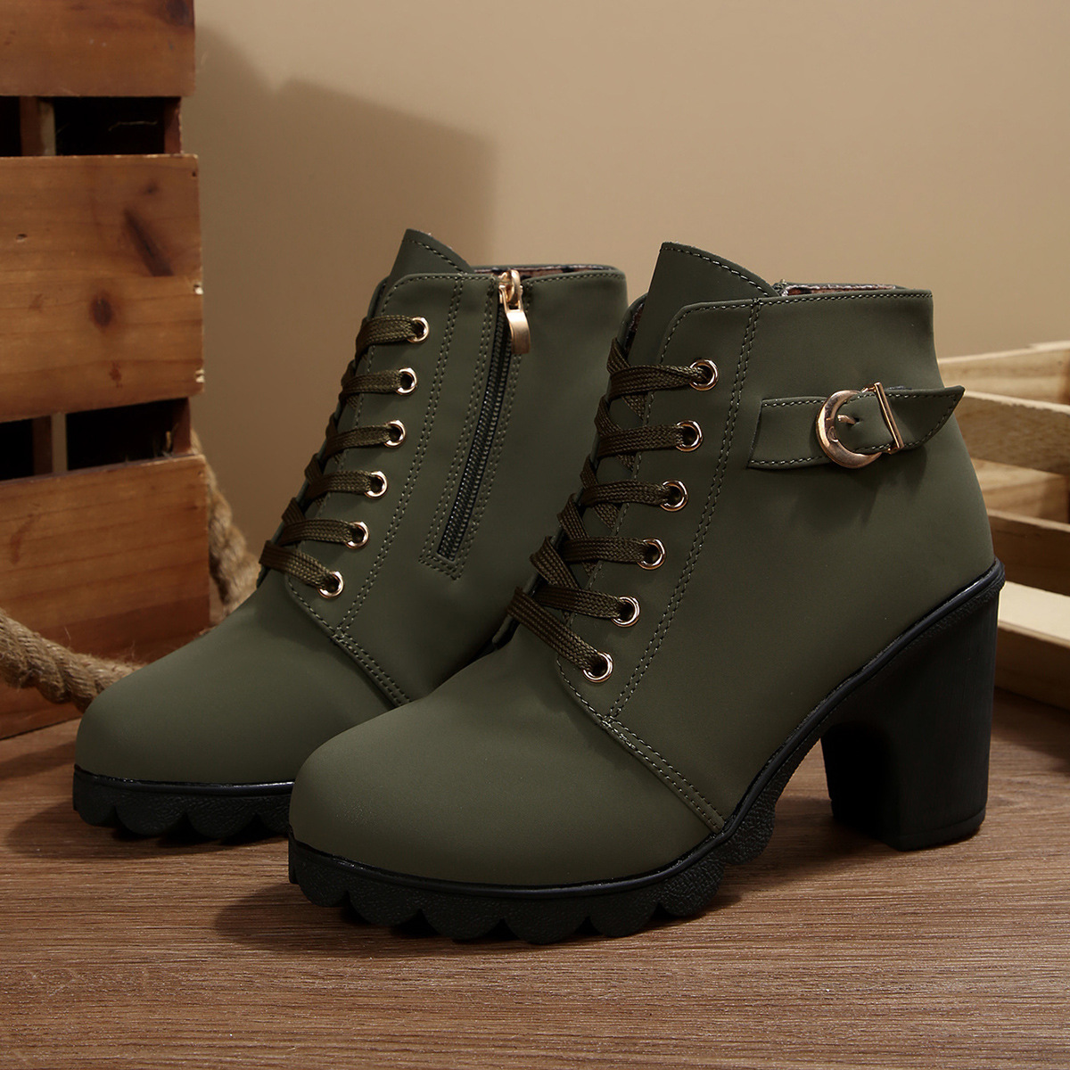 Lace Up Block Heels Boots