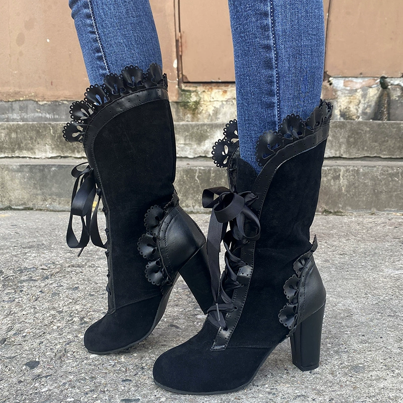 Lace Up Block Heels Boots