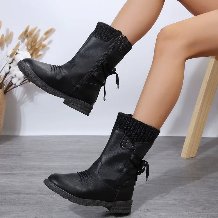 Knitted Cuff Round Toe Boots