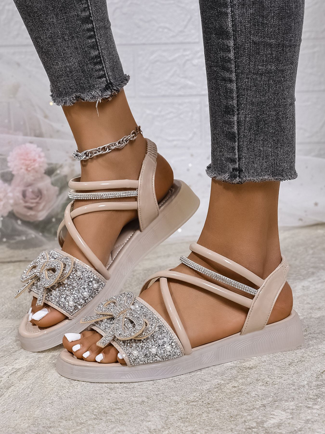 Bow Rhinestone Embellished Sandals