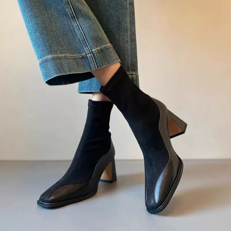 Square Neck Block Heel Boots