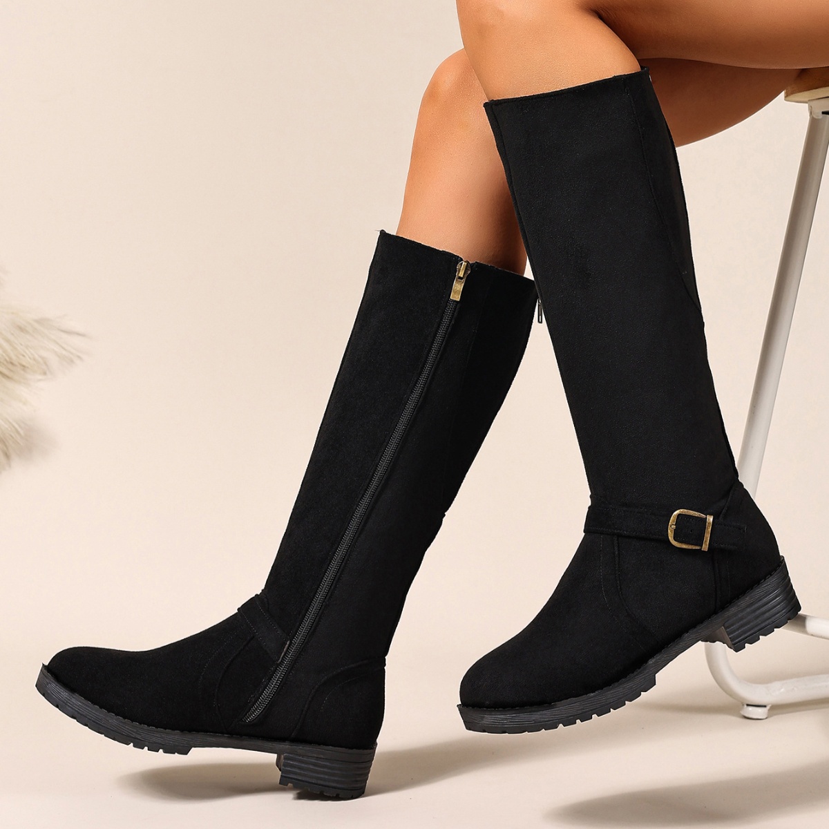 Knee-High Suede Buckle Accent Boots