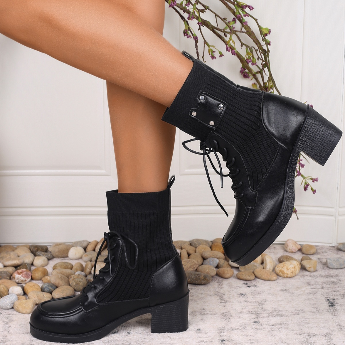 Lace Up Block Heels Boots