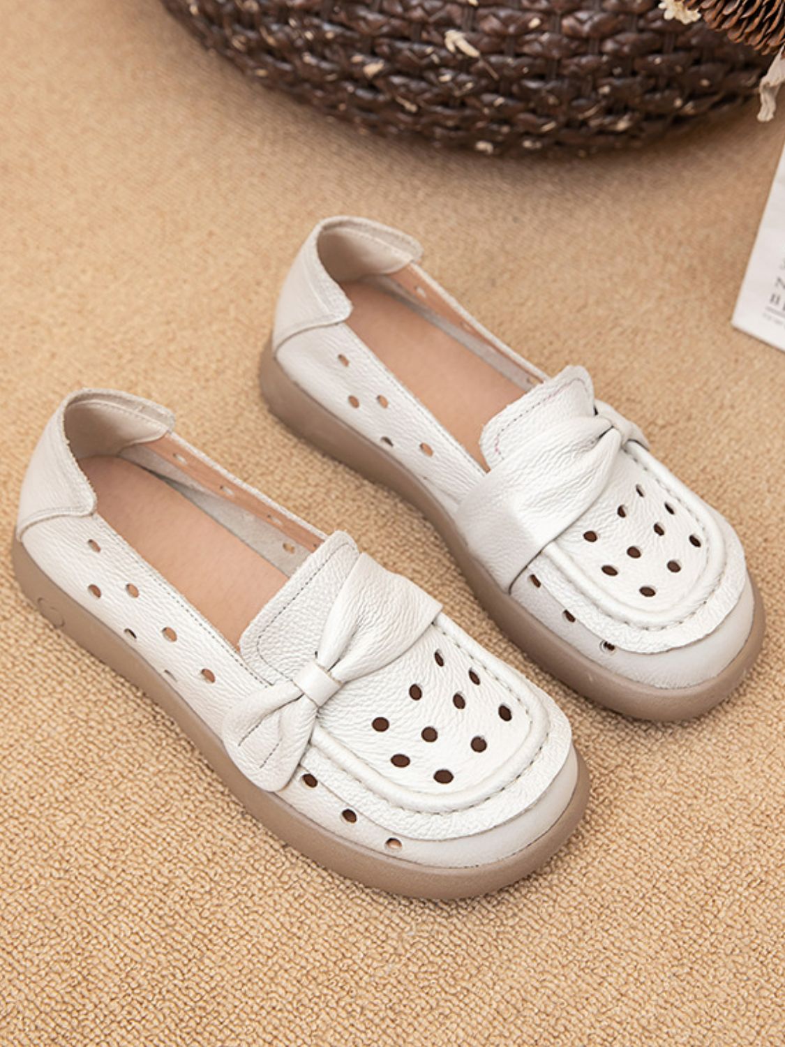 Bow Eyelet Round Toe Flat Loafers