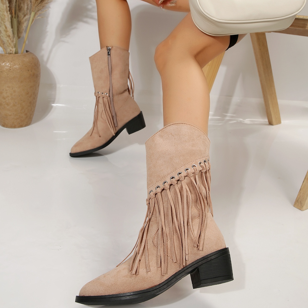 Fringe Western Block Heel Boots