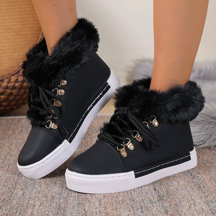 Fuzzy Trim Lace-Up Ankle Boots