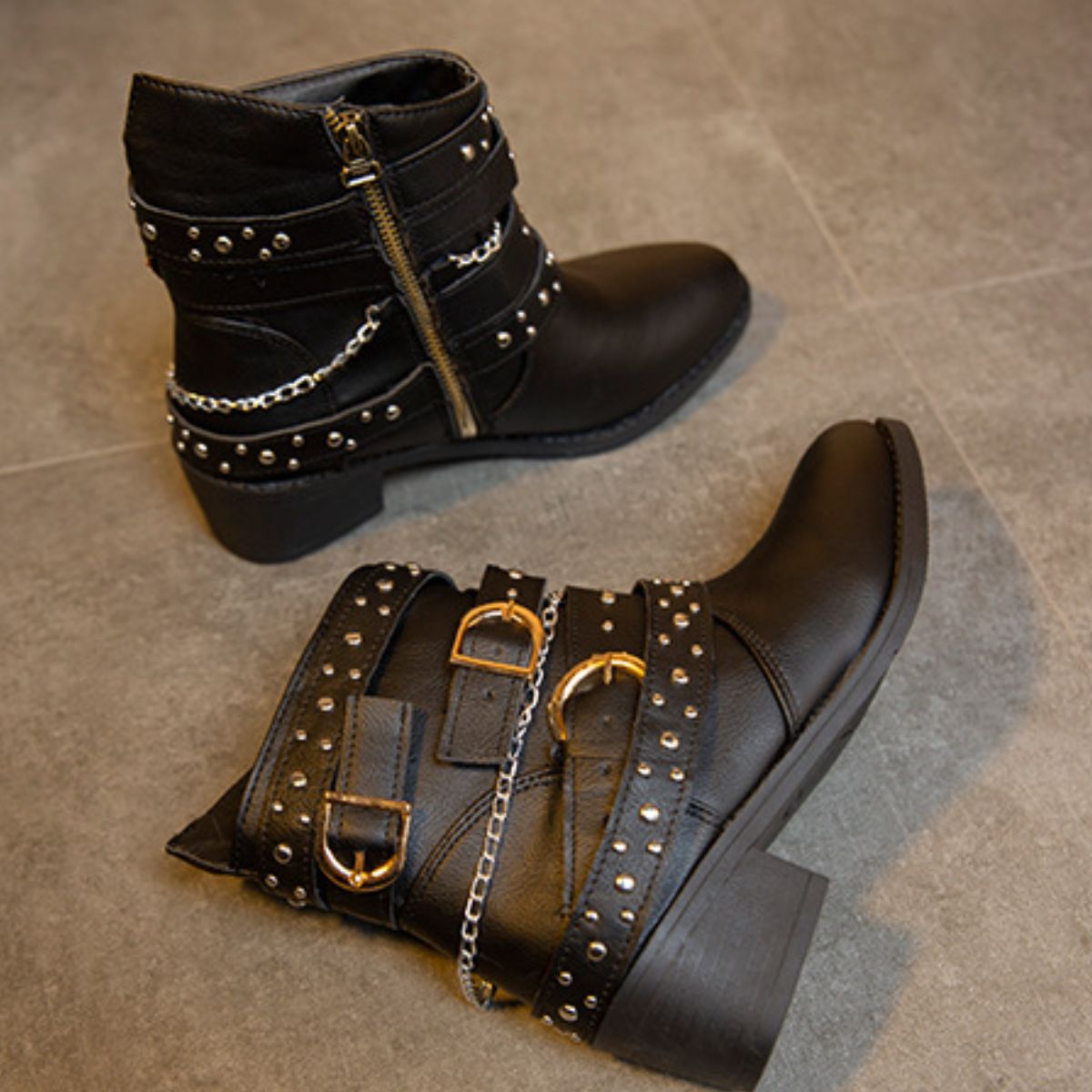 Studded Buckle Ankle Boots