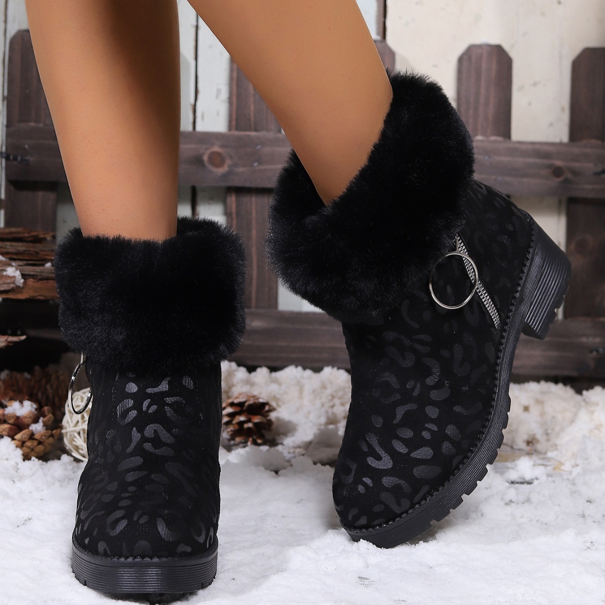 Fuzzy Cuff Leopard Print Ankle Boots