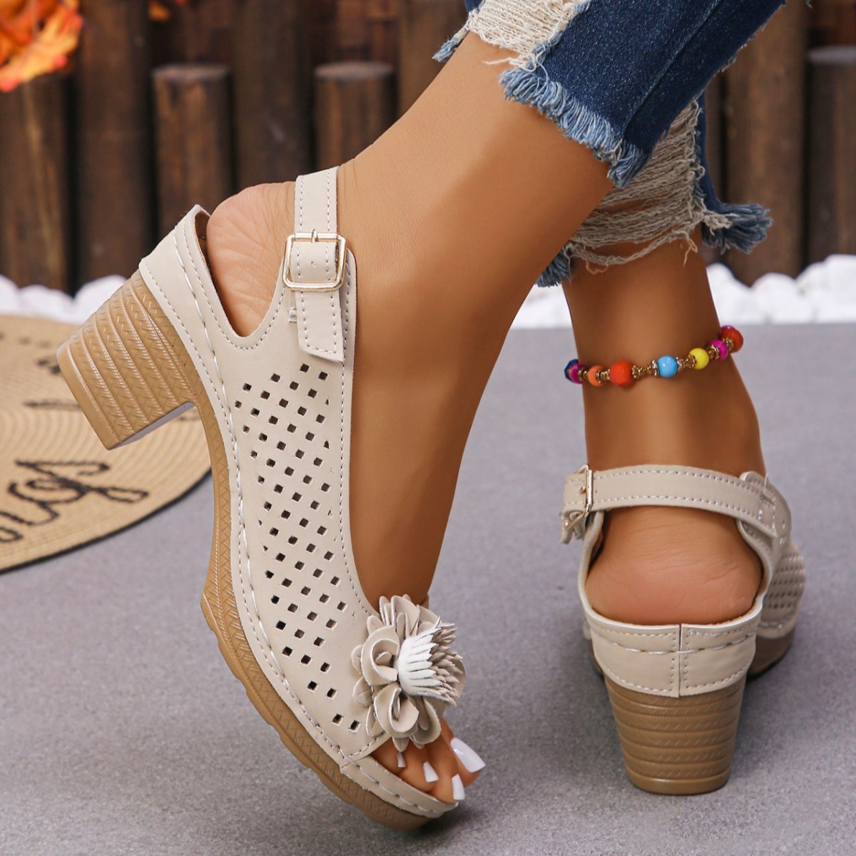 Floral Accent Block Heel Sandals