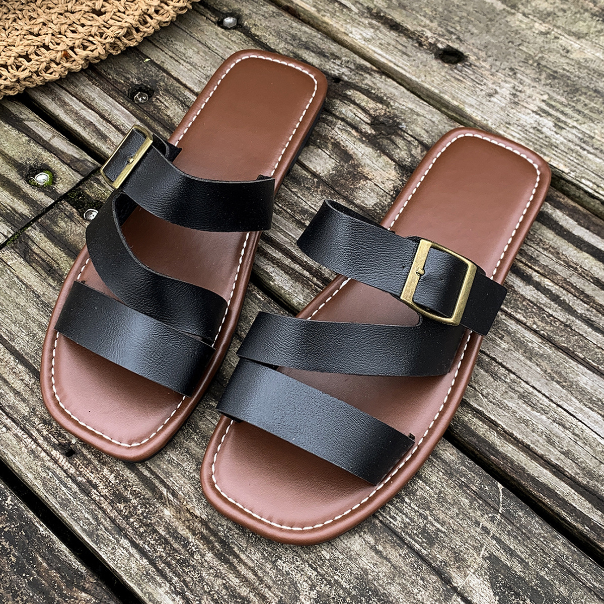 Open Toe Buckle Flat Sandals
