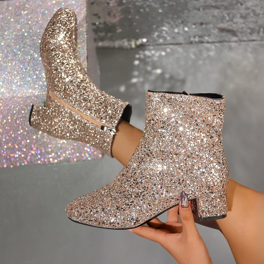 Sequin Round Toe Block Heels Boots