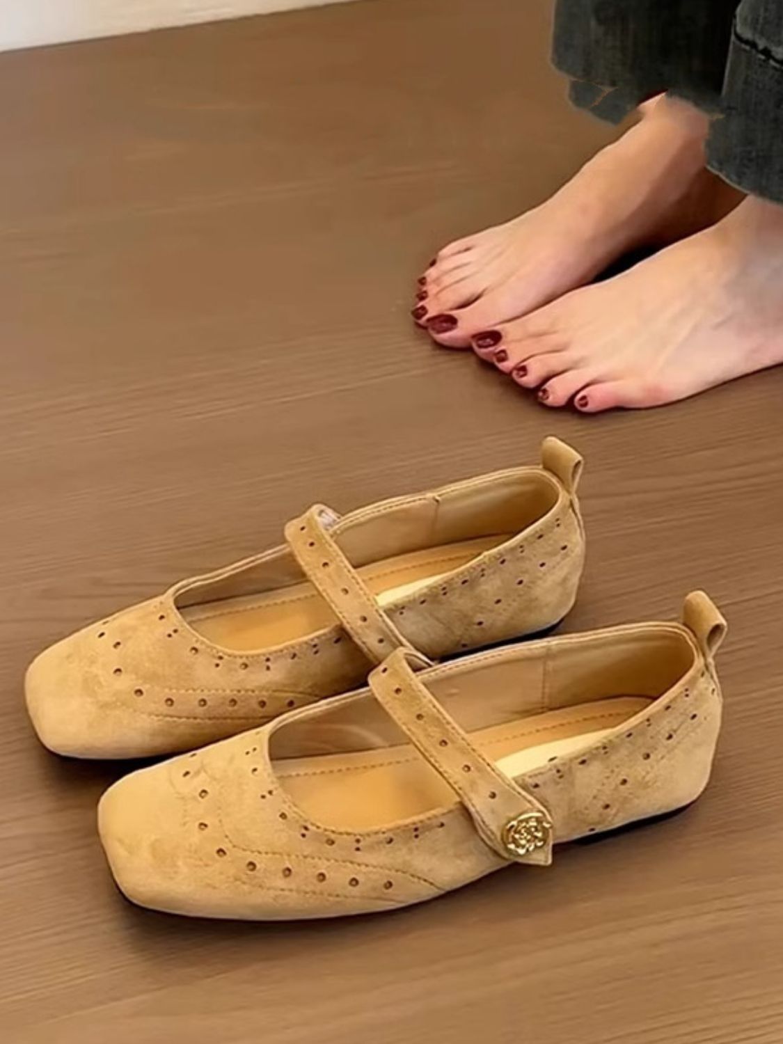 Eyelet Square Toe Flat Slip-Ons