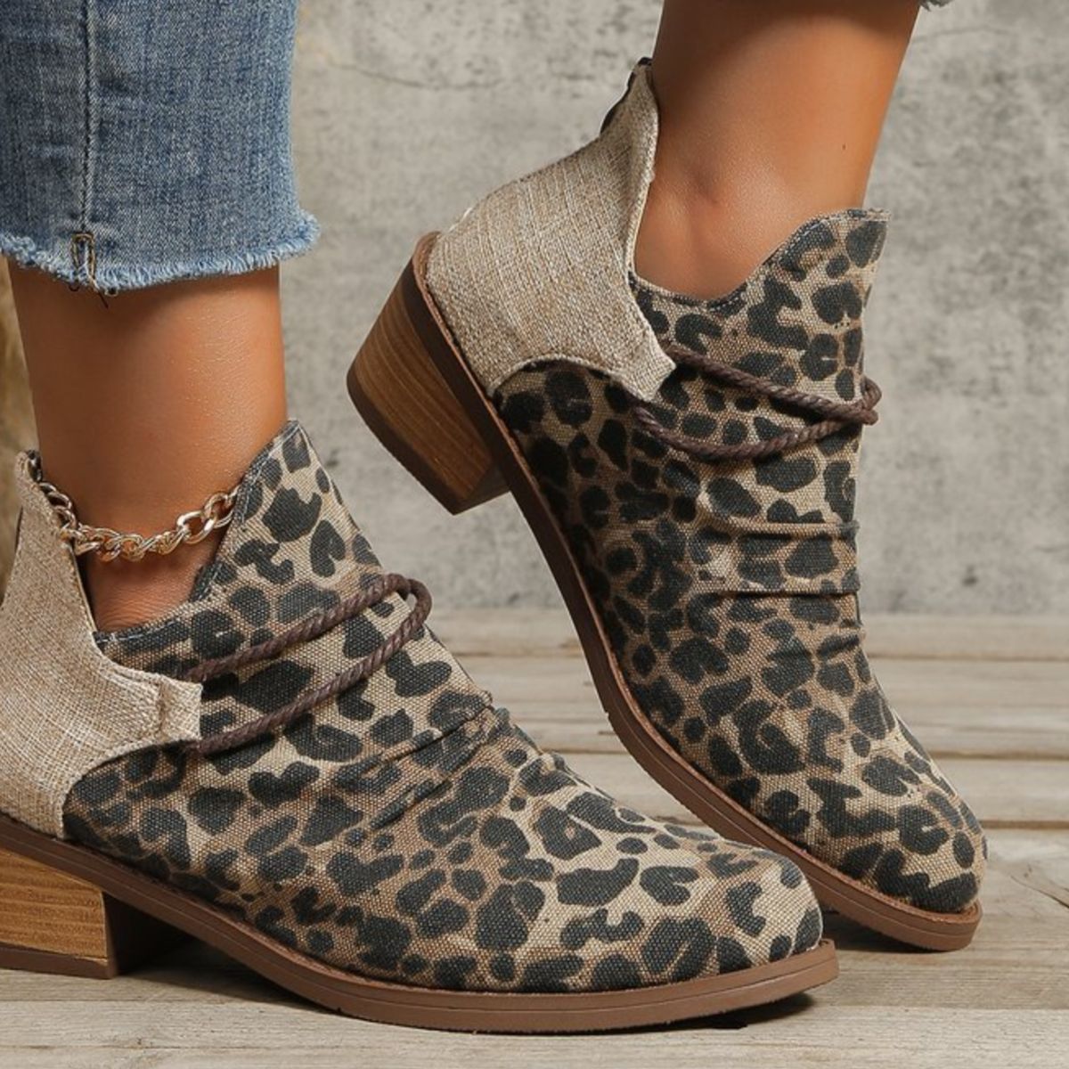 Contrast Canvas Low Heel Boots