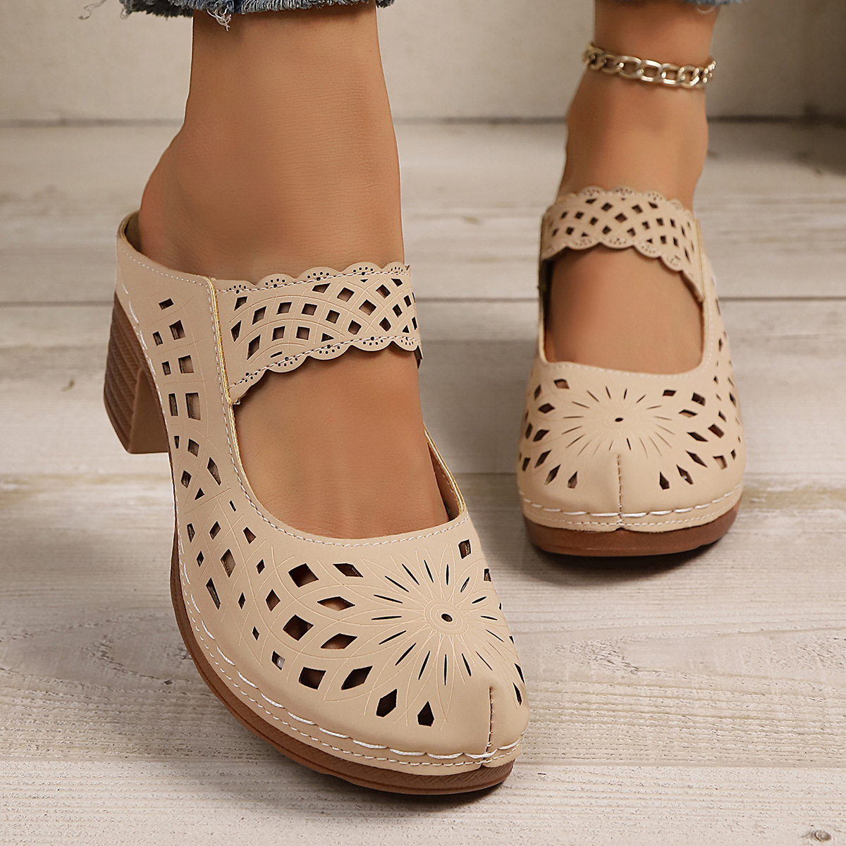 Hollow-Out Block Heels Sandals