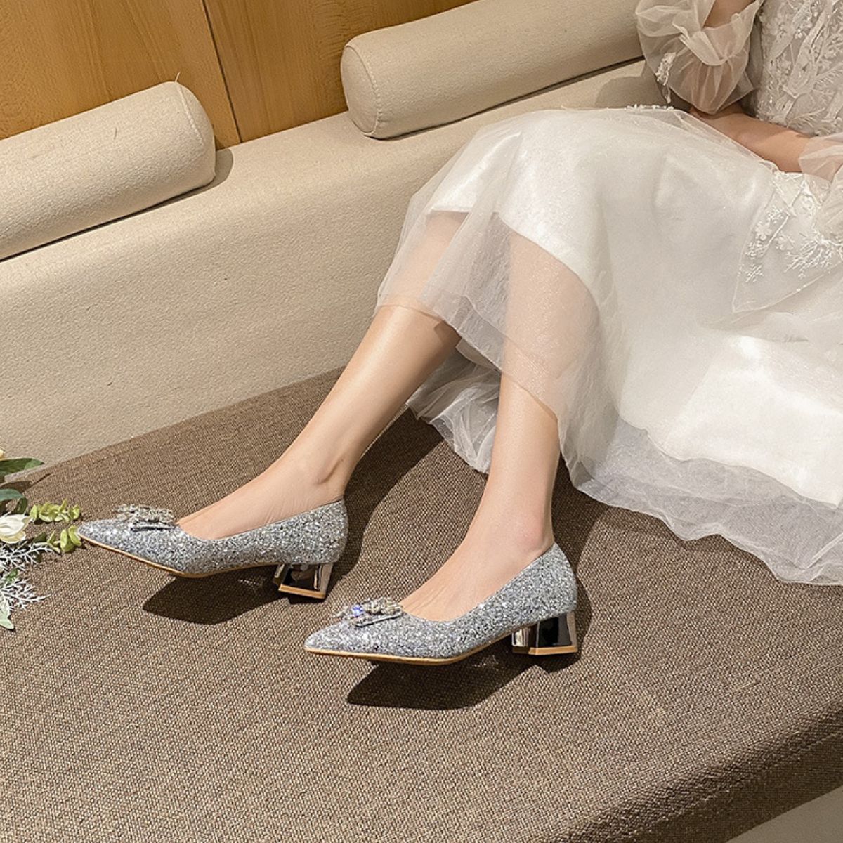 Glitter Point Toe Block Heel Pumps
