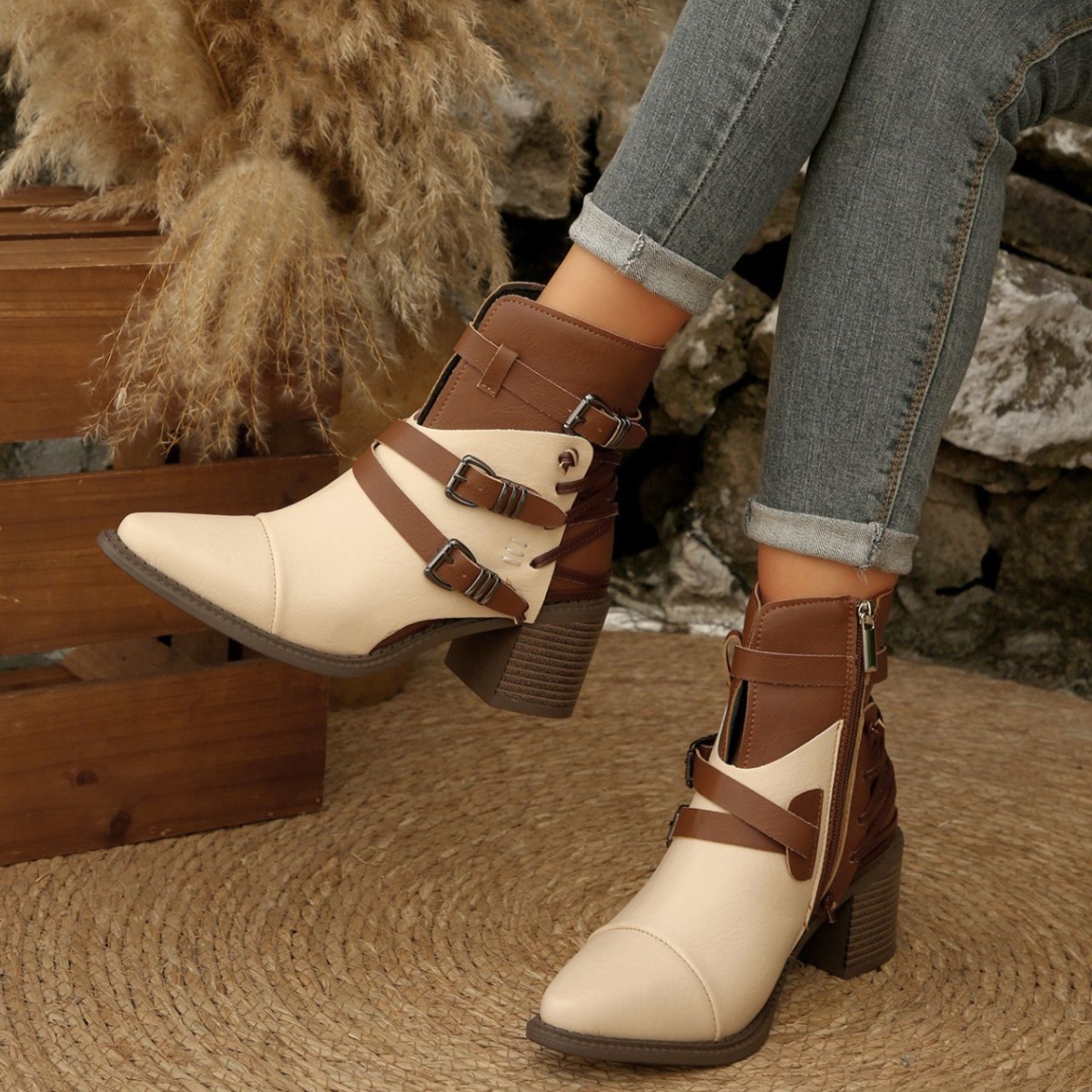 Point Toe Buckle Strap Ankle Boots with Block Heels