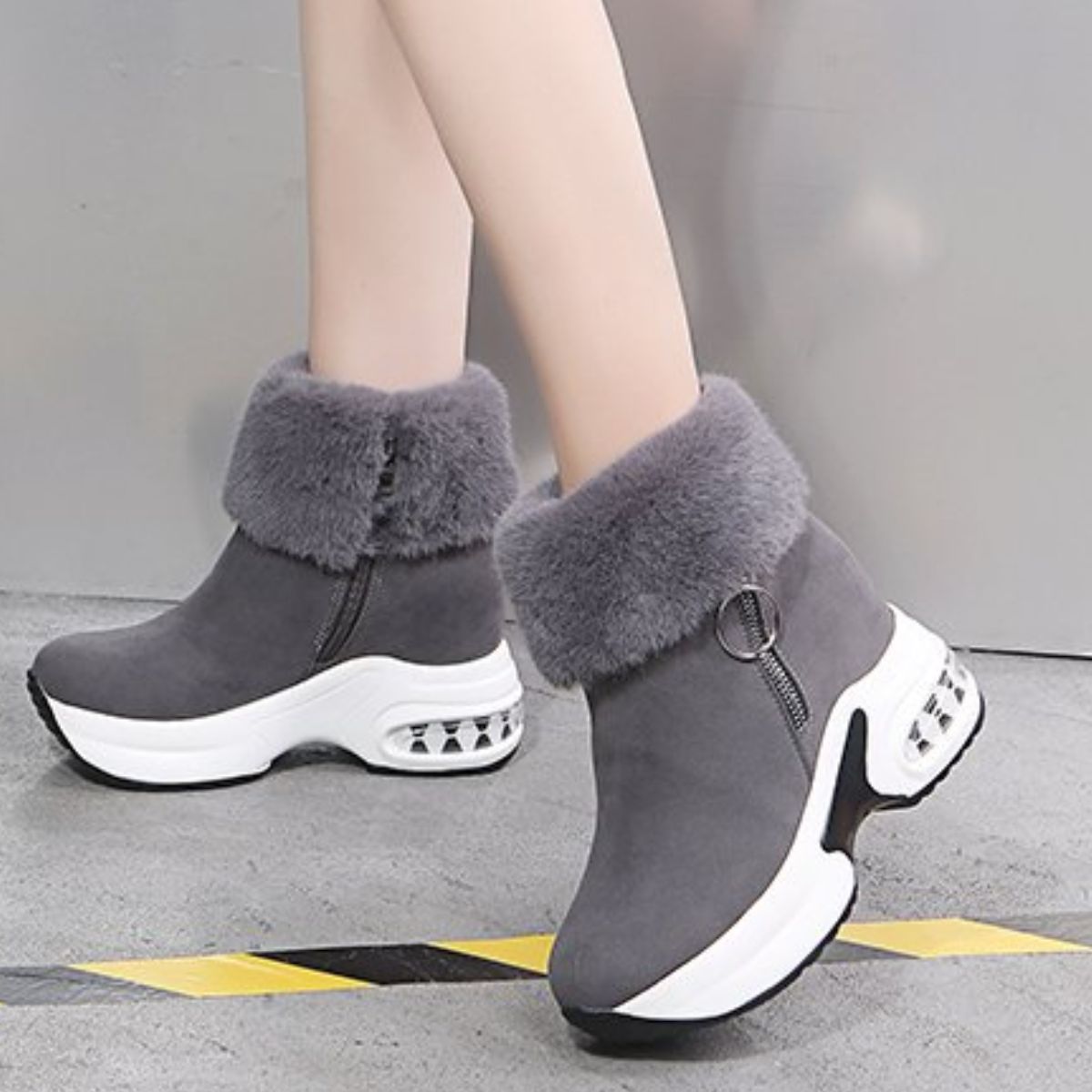 Fuzzy Side Zipper Platform Ankle Boots