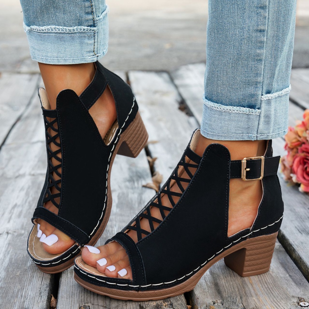 Buckle Block Heels Sandals