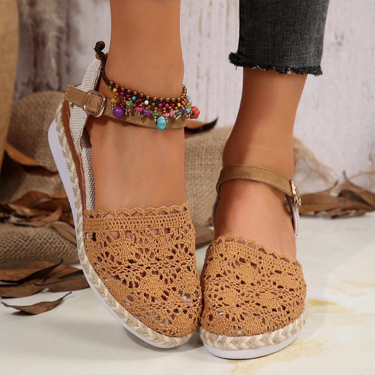 Floral Ankle Strap Espadrille Sandals