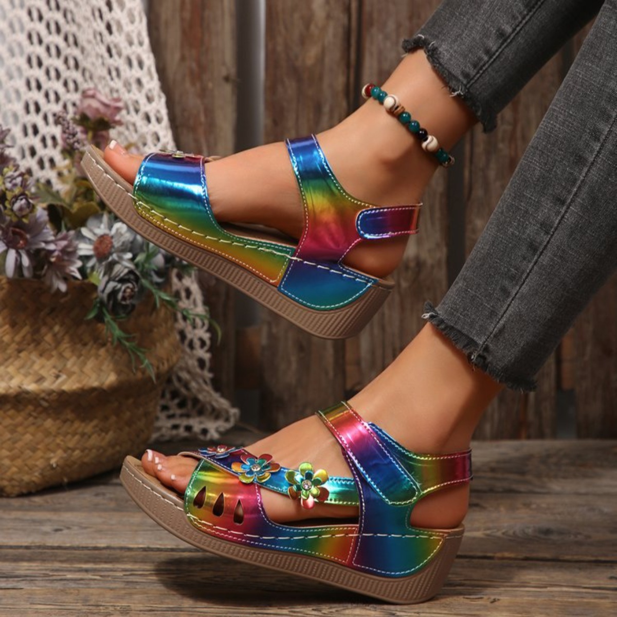 Floral Embellished Wedge Sandals