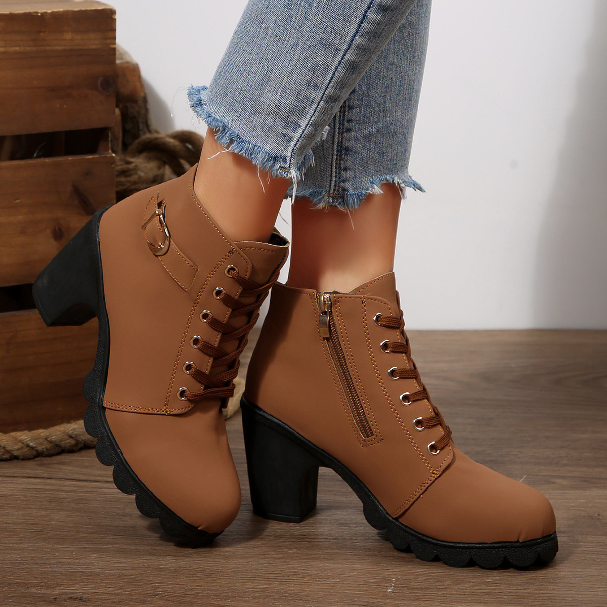Lace Up Block Heels Boots