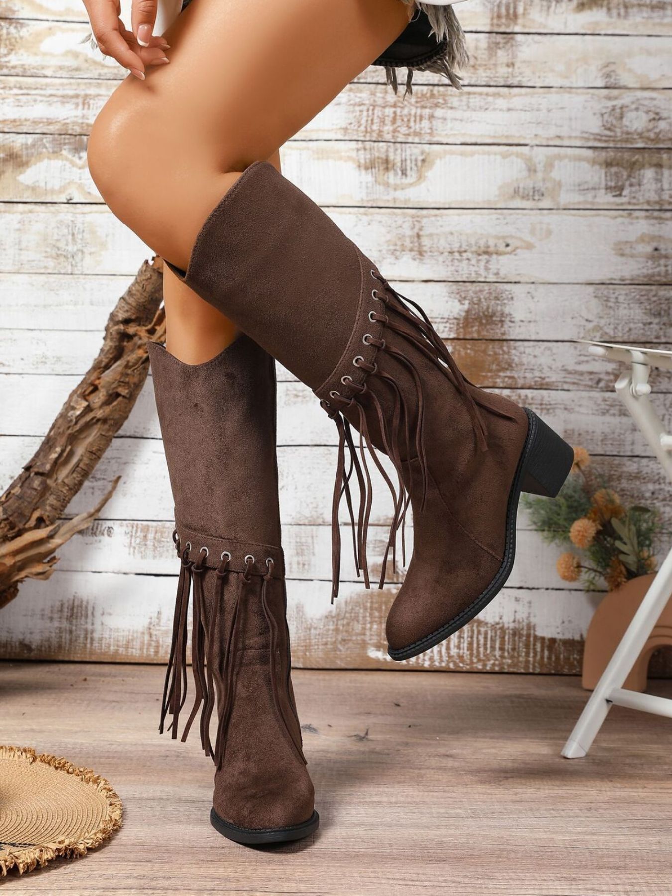 Fringe Point Toe Block Heels Boots
