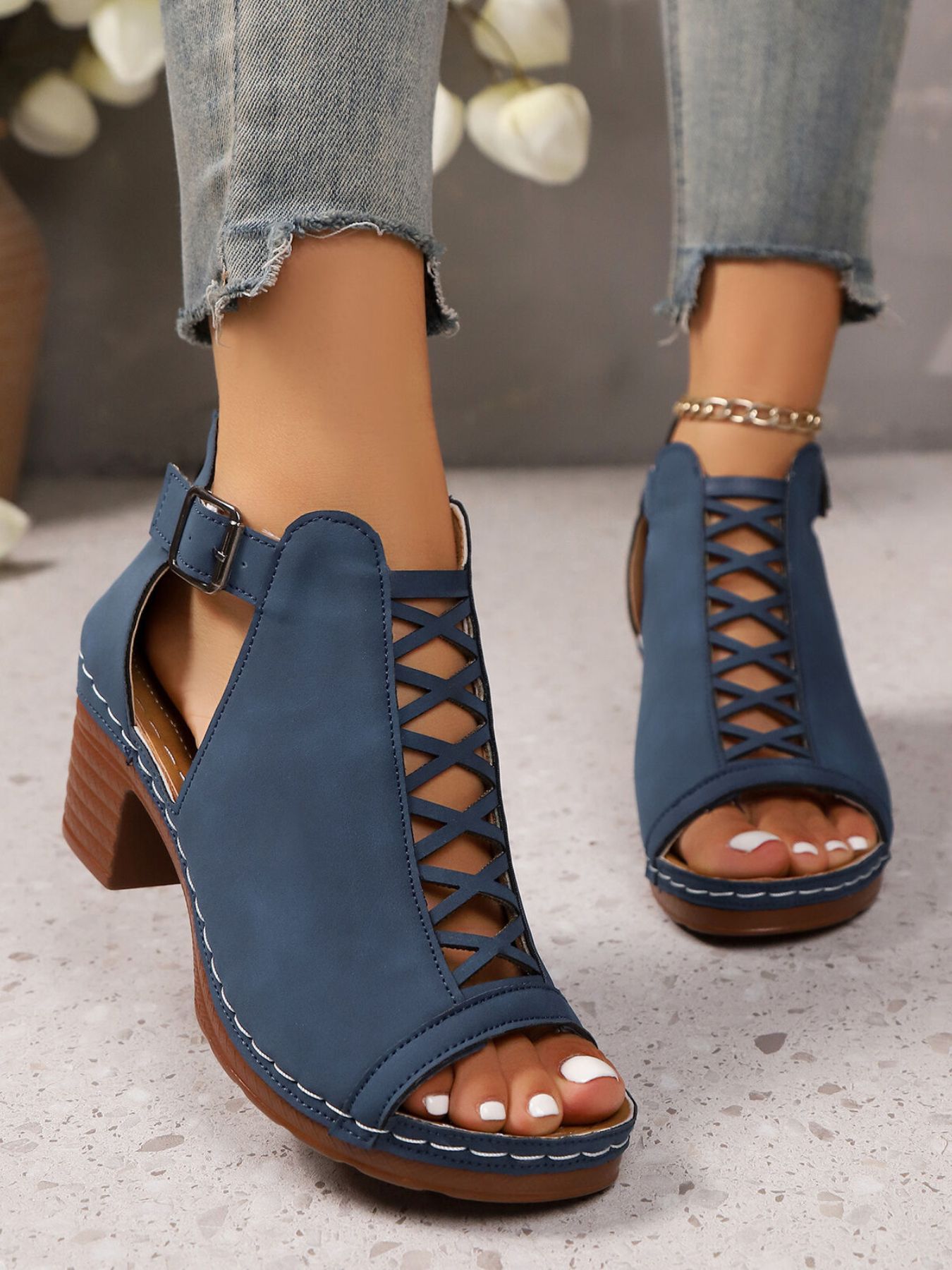 Crisscross Peep Toe Block Heels Sandals
