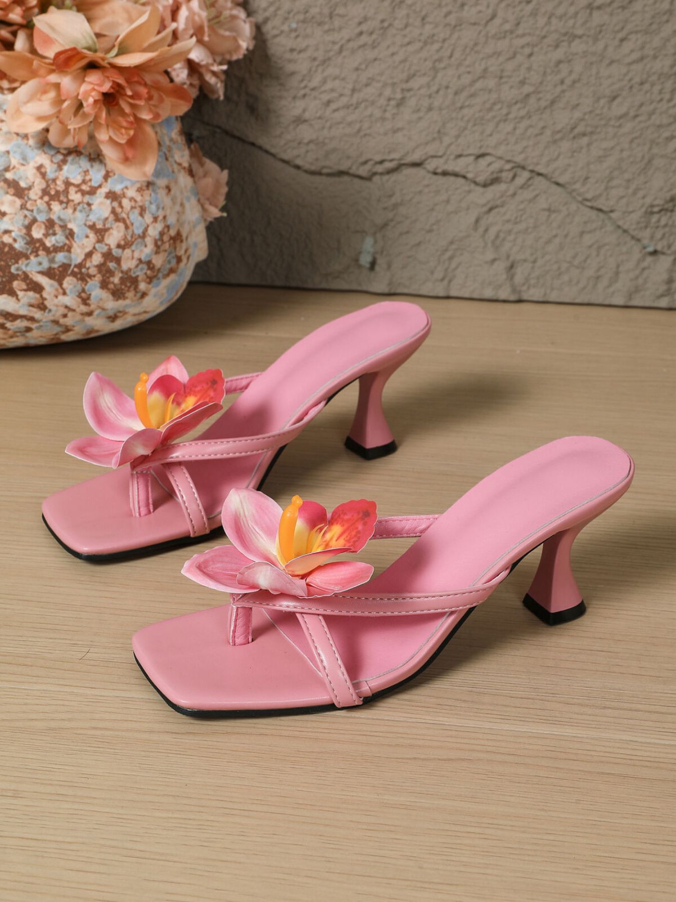 Flower Open Toe Flare Heels Sandals