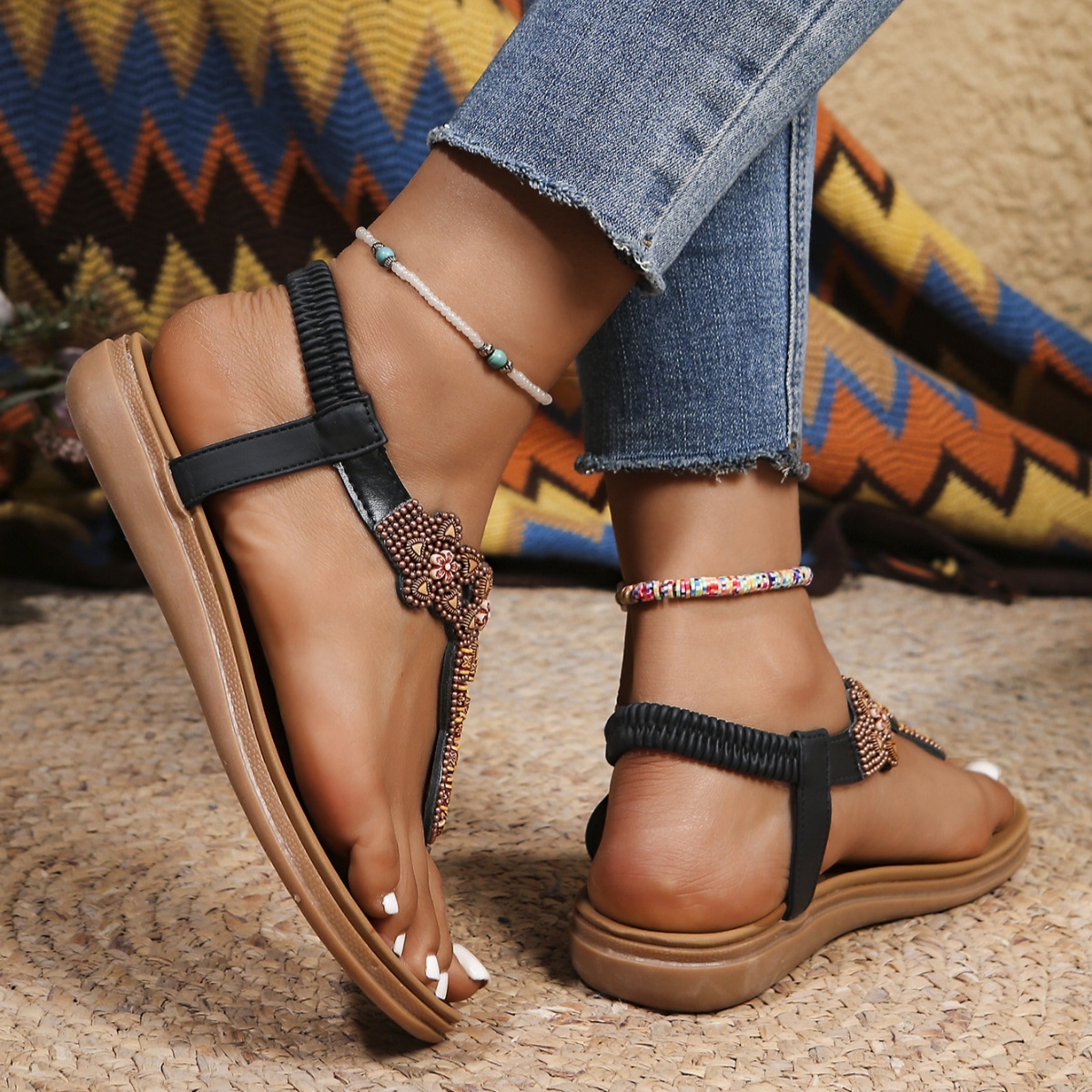 Bohemian Beaded Thong Sandals with Elastic Ankle Strap