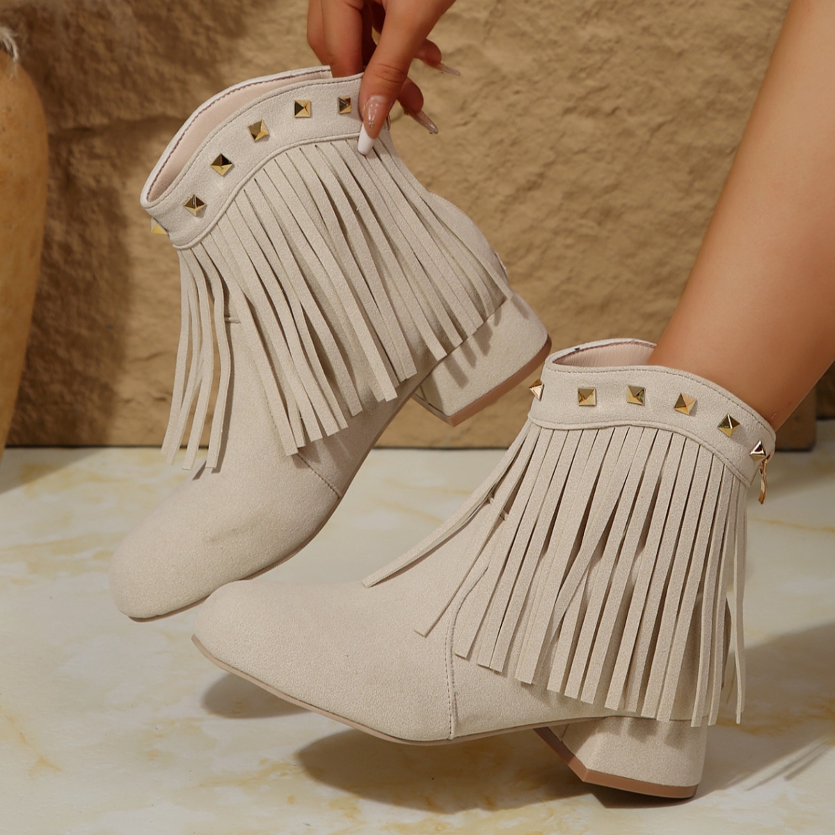 Fringe Ankle Boots with Studded Detail