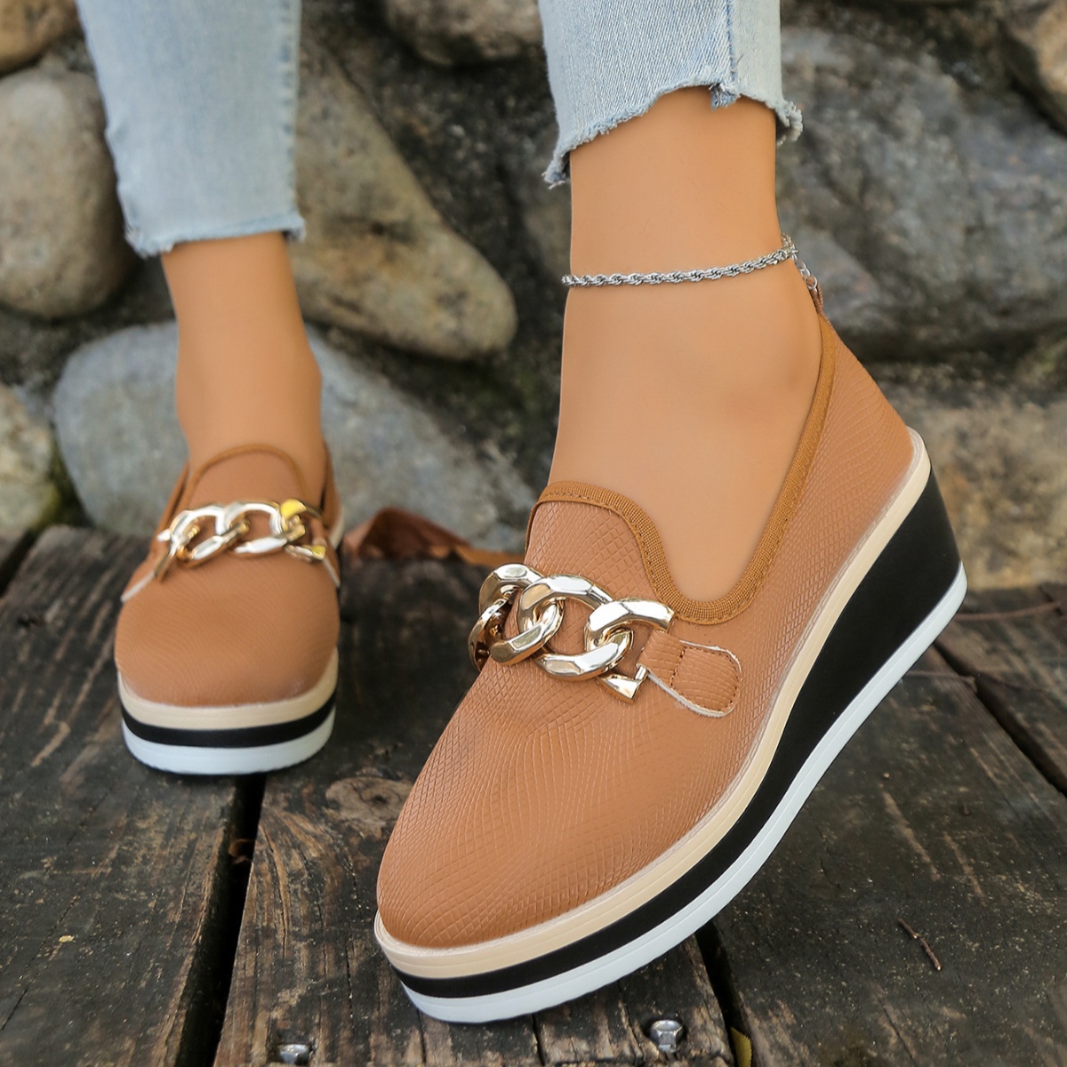 Chain Decor Wedge Loafers