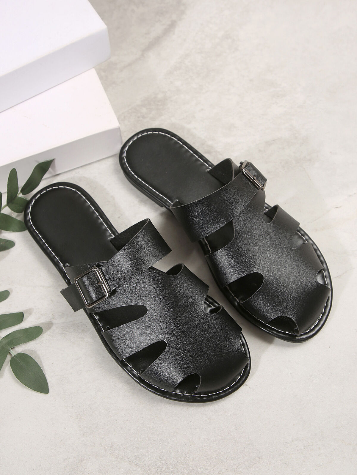 Comfortable Slip-On Leather Sandals with Adjustable Buckle