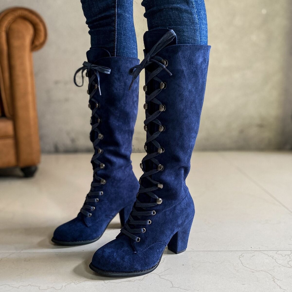 Lace Up Block Heels Boots
