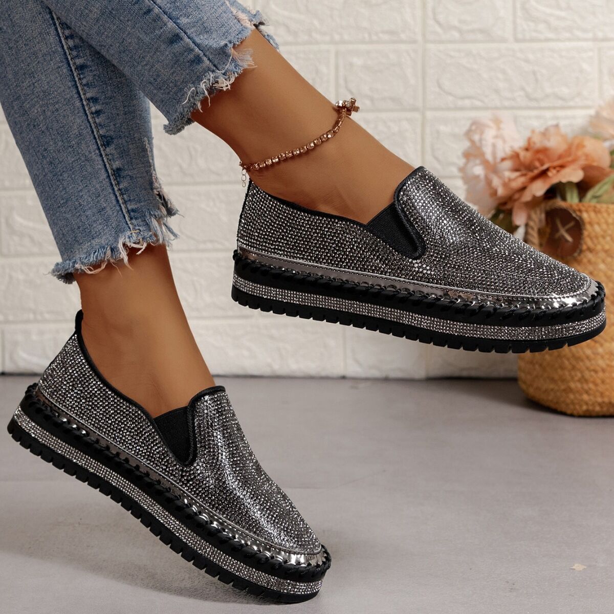 Rhinestone Round Toe Platform Loafers