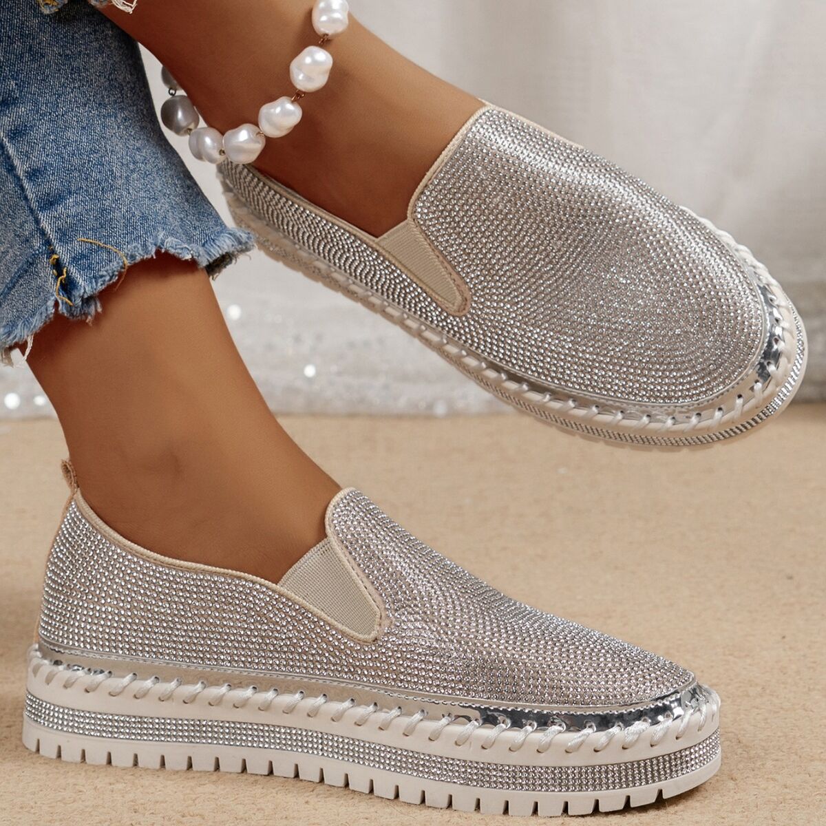 Rhinestone Round Toe Platform Loafers