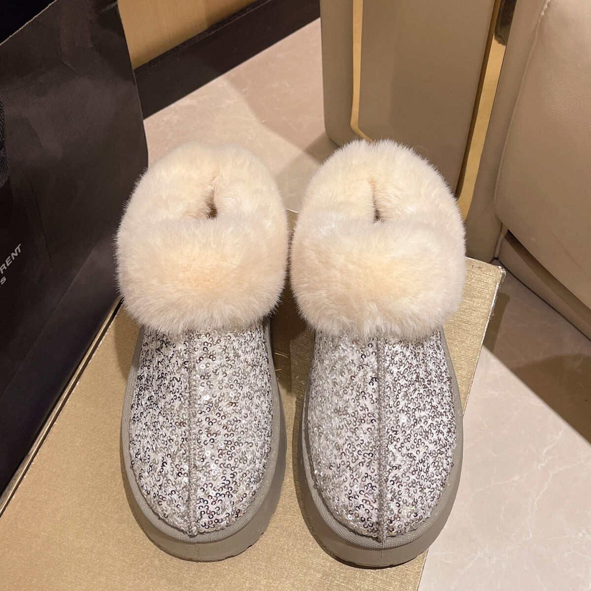 Sequin Round Toe Platform Boots