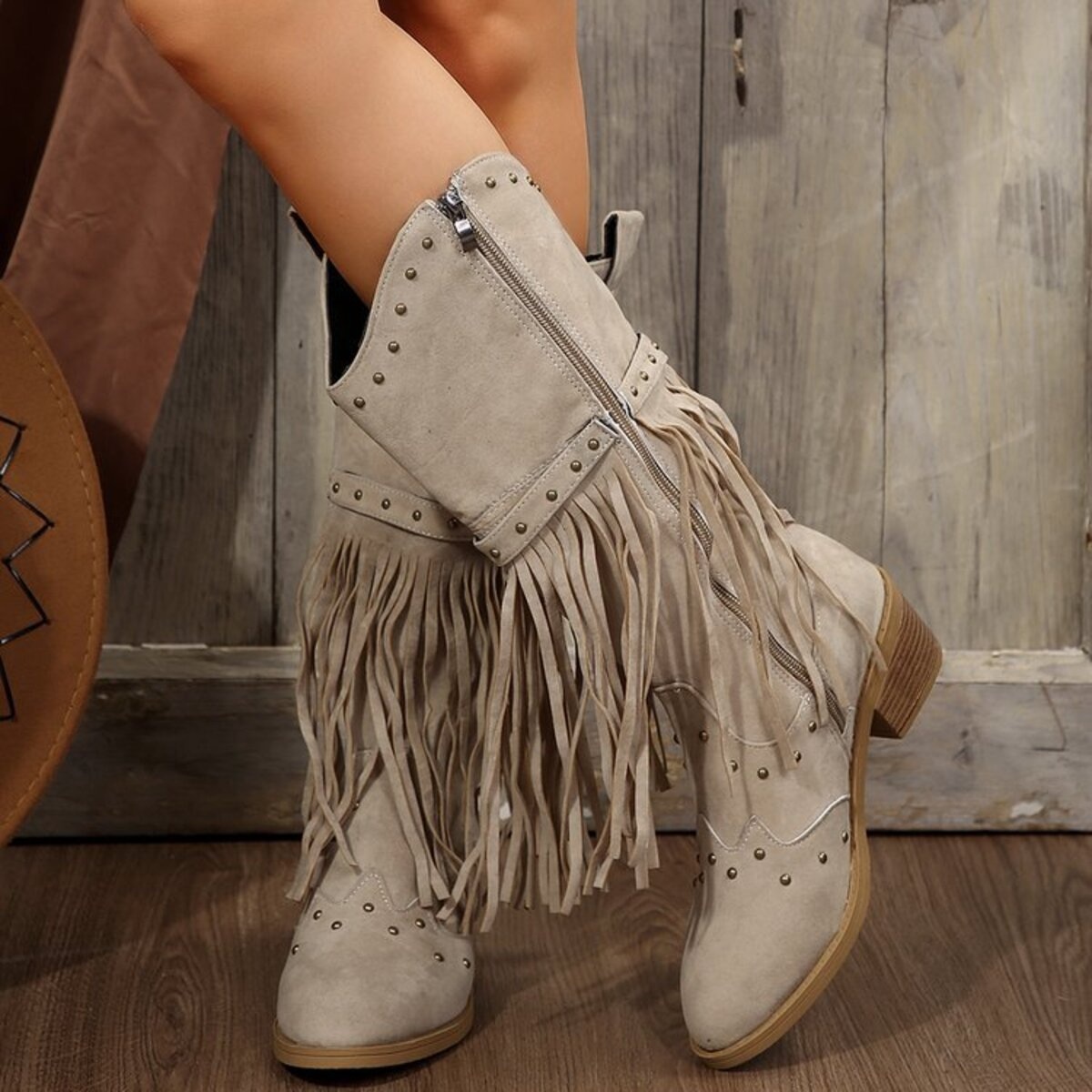 Fringe Point Toe Block Heels Boots