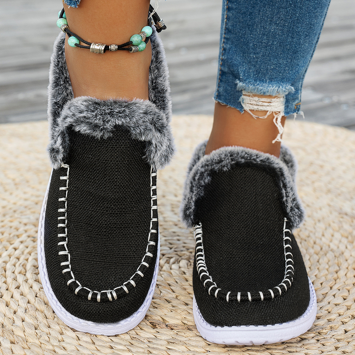 Faux Fur Lined Round Toe Shoes