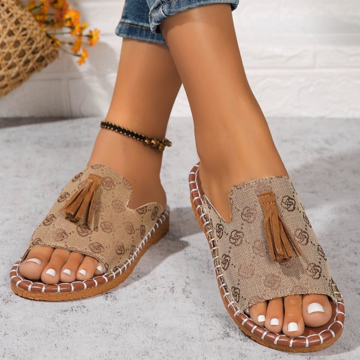 Leopard Print Tassel Flat Sandals