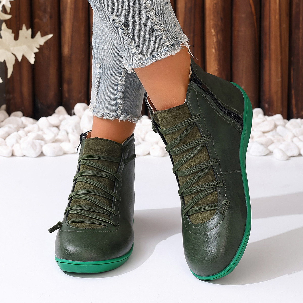 Lace-Up Faux Leather Ankle Boots