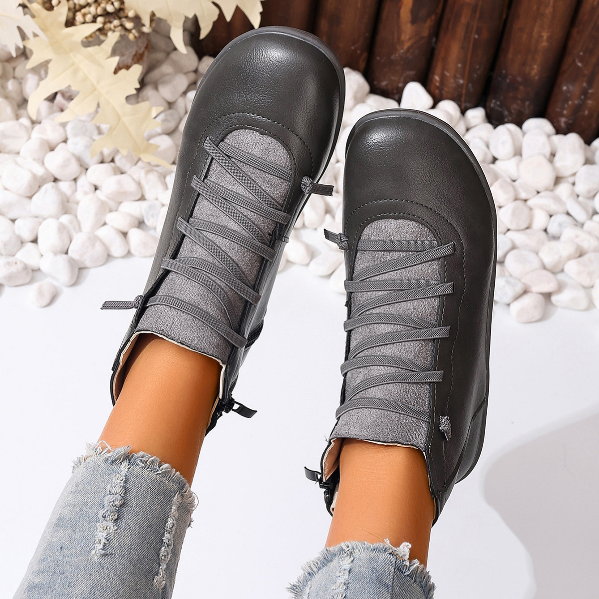 Lace-Up Faux Leather Ankle Boots