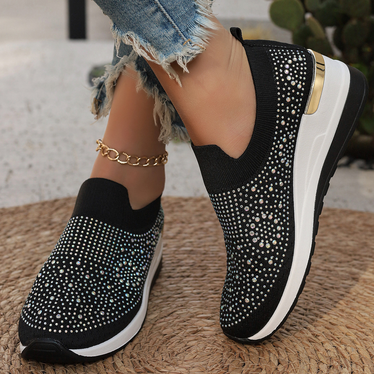 Rhinestone Round Toe Slip-Ons